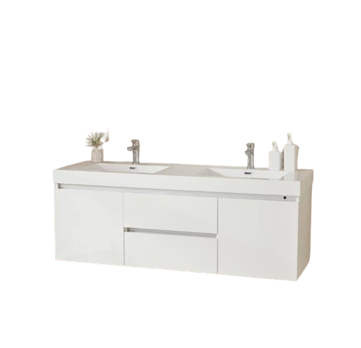 Annecy 60 in. W x 18.5 in. D x 20 in. H Bathroom Wall Hung Vanity in White with Double Basin Top in White Resin
