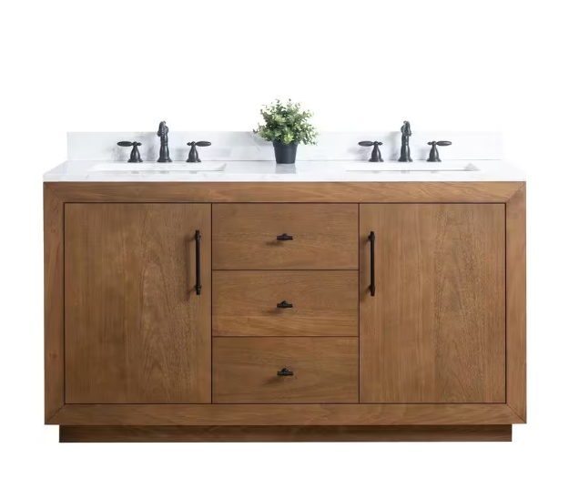 60 in. W x 21.5 in. D x 34 in. H Double Sink Bathroom Vanity in Tan with Arabescato White Engineered Marble Top