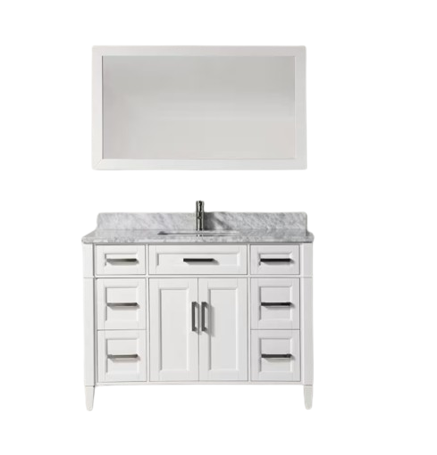 Savona 48 in. W x 22 in. D x 36 in. H Vanity in White with Single Basin Vanity Top in White and Grey Marble and Mirror