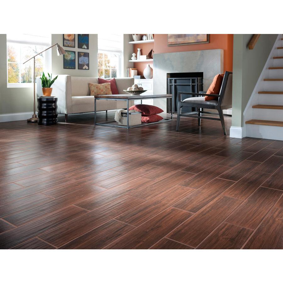 Style Selections Serso Black Walnut 6-in x 24-in Glazed Porcelain Wood Look Tile
