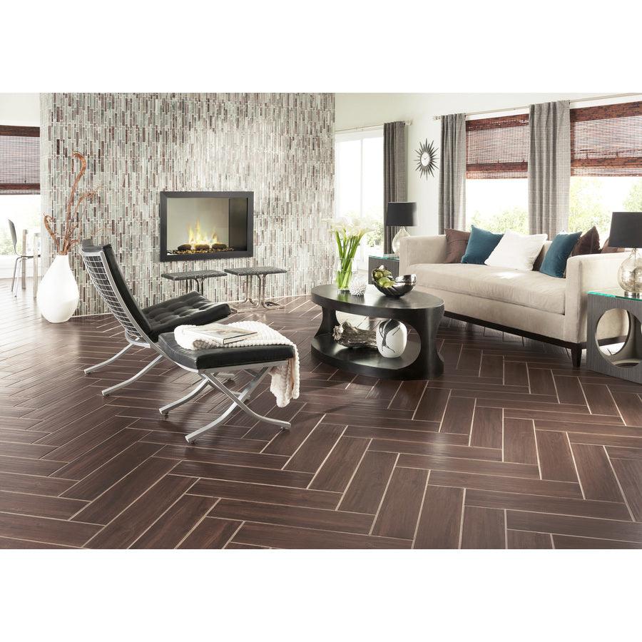 Style Selections Serso Black Walnut 6-in x 24-in Glazed Porcelain Wood Look Tile