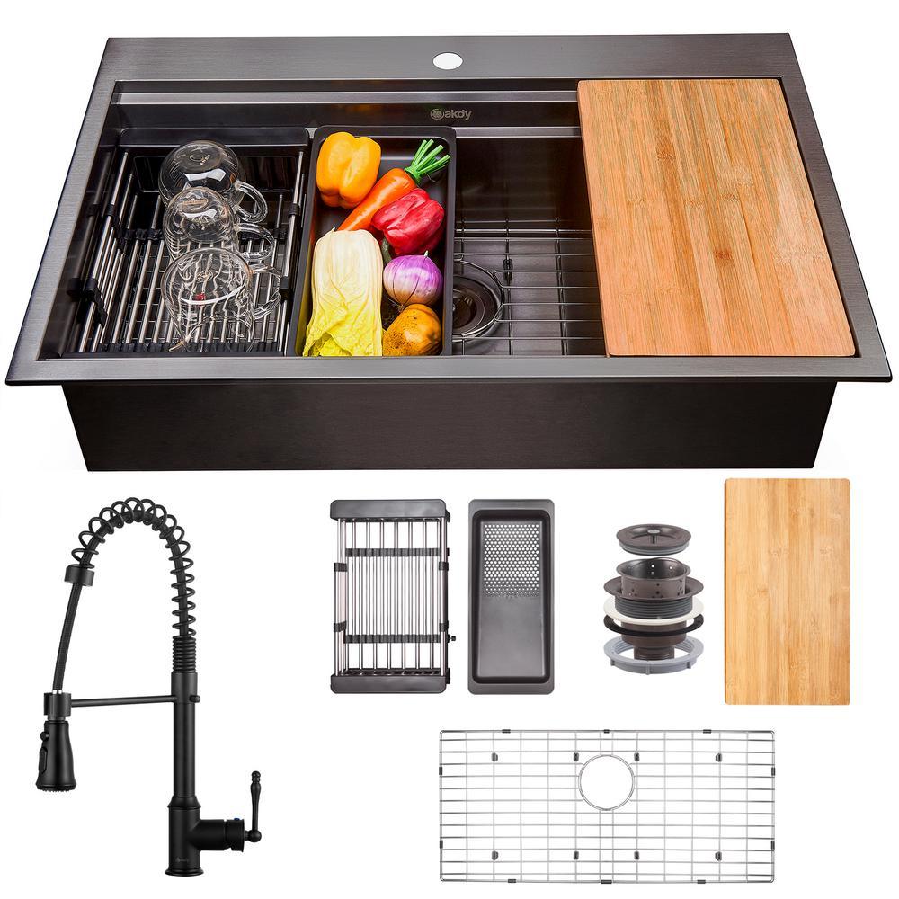 All-in-One Matte Black Finished Stainless Steel 33 in. x 22 in. Single Bowl Drop-in Kitchen Sink with Spring Neck Faucet