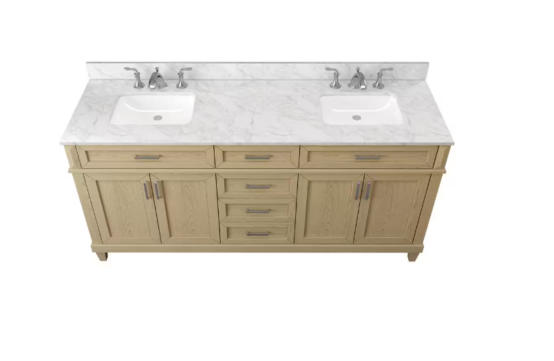 Talmore 72 in W x 22 in D x 35 in H Double Sink Bath Vanity in Light Oak With White Engineered Marble Top