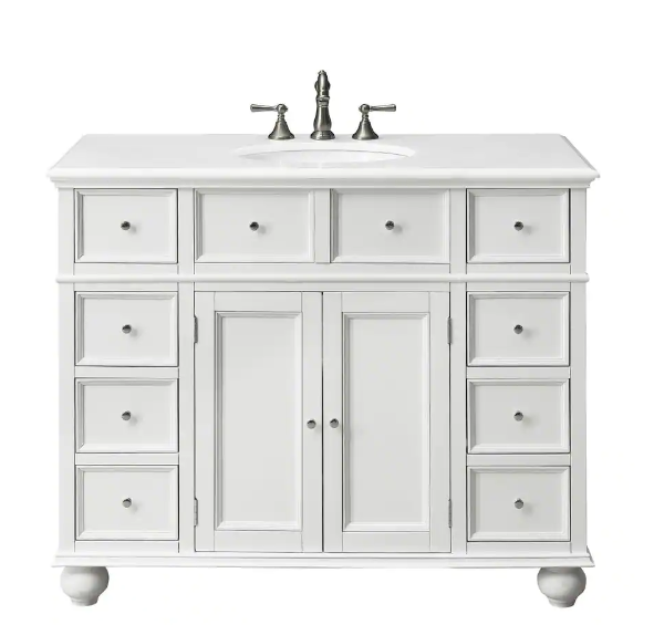 Hampton Harbor 44 in. W x 22 in. D x 35 in. H Single Sink Freestanding Bath Vanity in White with White Marble Top
