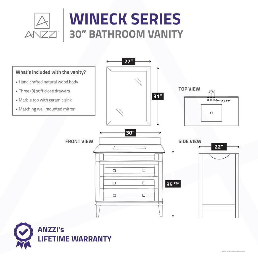 ANZZI Wineck Series 30-in Gray Single Sink Bathroom Vanity with Carrara White Natural Marble Top (Mirror Included)