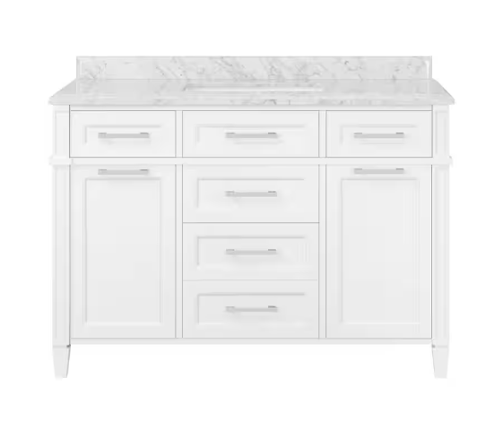 Caville 48 in. W x 22 in. D x 34 in. H Single Sink Bath Vanity in White with Carrara Marble Top with Outlet