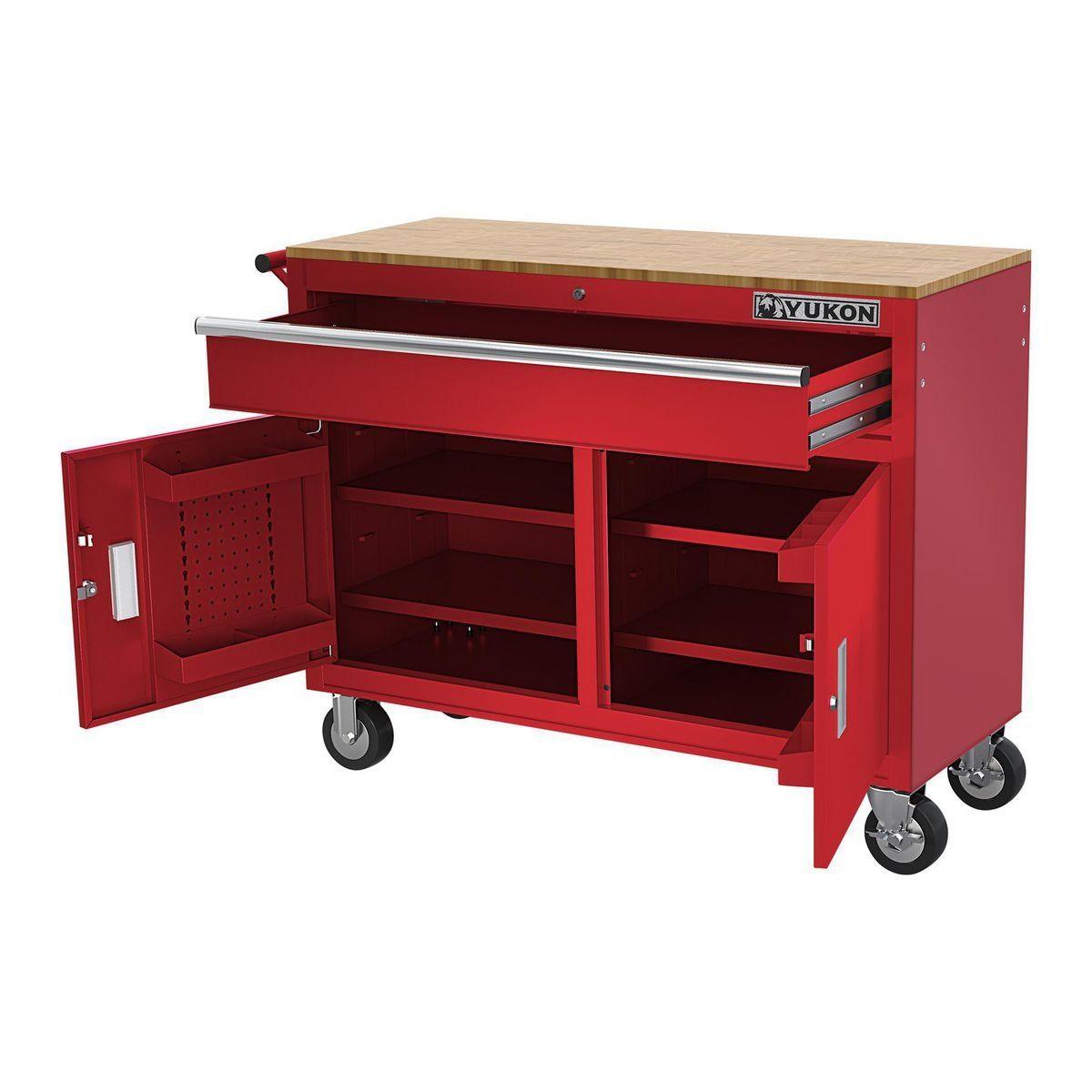 YUKON 46 in. Mobile Workbench with Solid Wood Top, Red