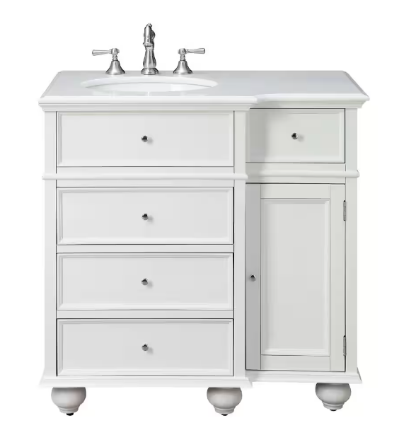 Hampton Harbor 36 in. W x 22 in. D x 35 in. H Single Sink Freestanding Bath Vanity in White with White Marble Top