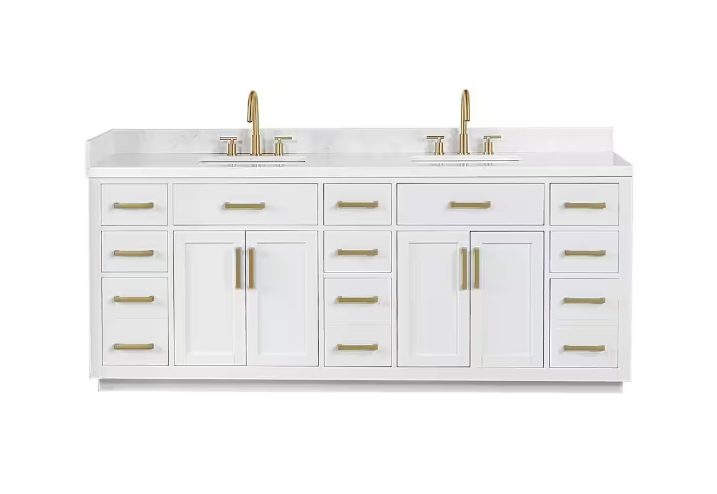 Gavino 84 in.W x 22 in.D x 34 in.H Bath Vanity in White with Grain White Composite Stone Top