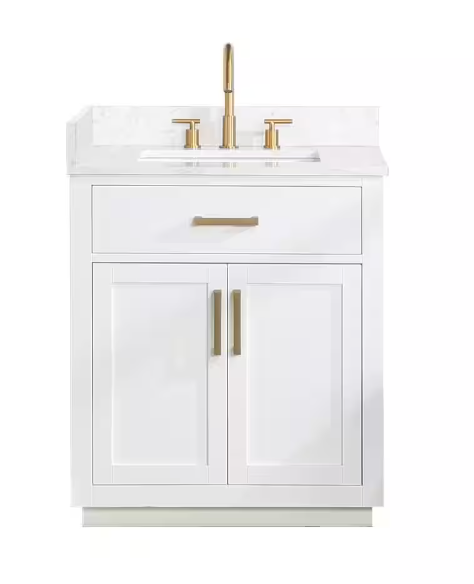 Gavino 30 in. W x 22 in. D x 34 in. H Bath Vanity in White with Grain White Composite Stone Top