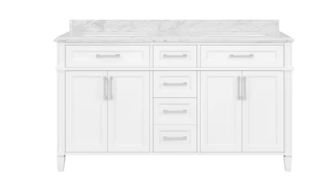 Caville 60 in. W x 22 in. D x 34 in. H Double Sink Bath Vanity in White with Carrara Marble Top with Outlet