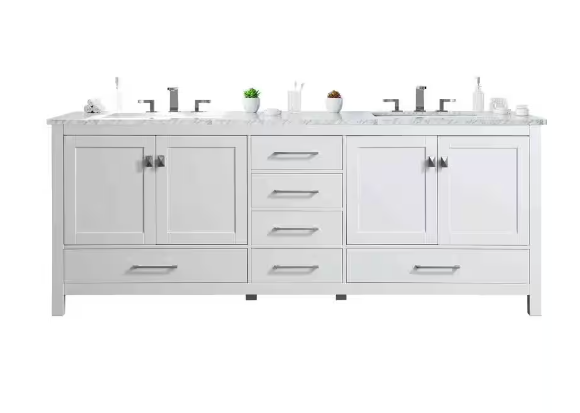 Aberdeen 84 in. W x 22 in. D x 34 in. H Double Bath Vanity in White with White Carrara Marble Top with White Sink