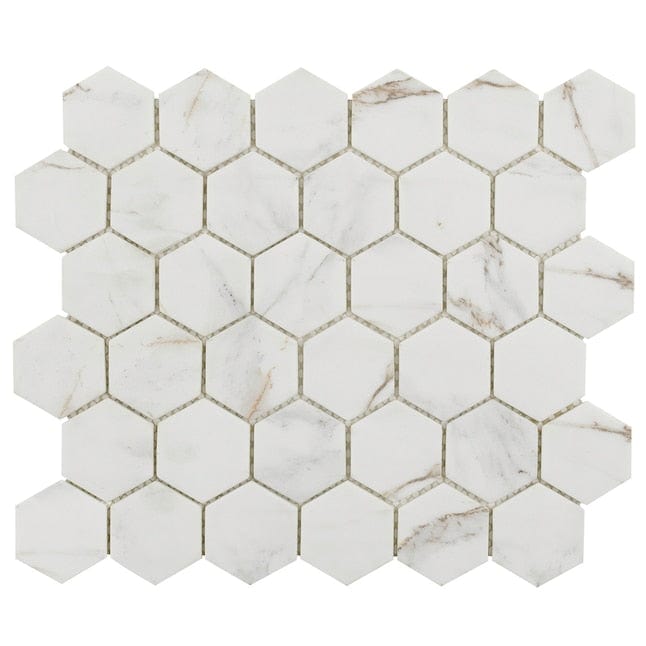 Elida Ceramica White 12-in x 12-in Matte Glass Hexagon Marble Look Floor and Wall Tile (0.849-sq. ft/ Piece)