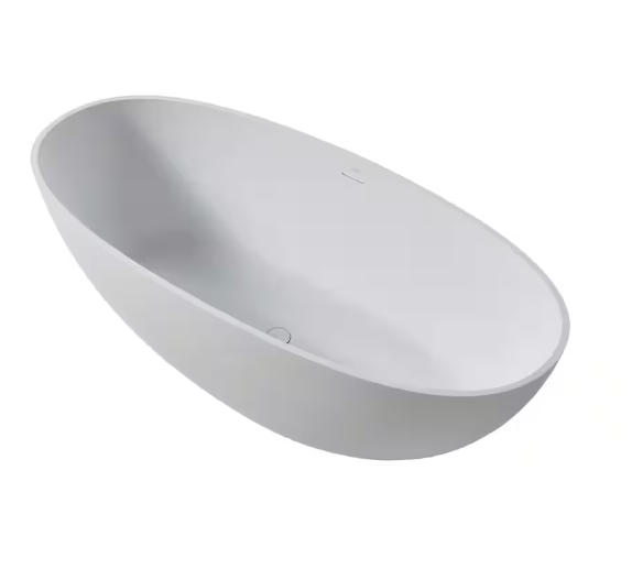 65 in. Stone Resin Flatbottom Solid Surface Freestanding Double Ended Soaking Bathtub in White with Brass Drain
