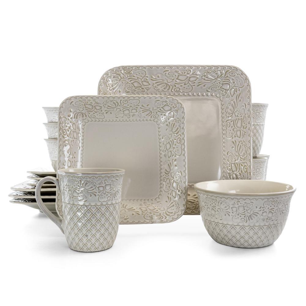 Ivory Lotus 16-Piece Traditional White Stoneware Dinnerware Set (Service for 4)