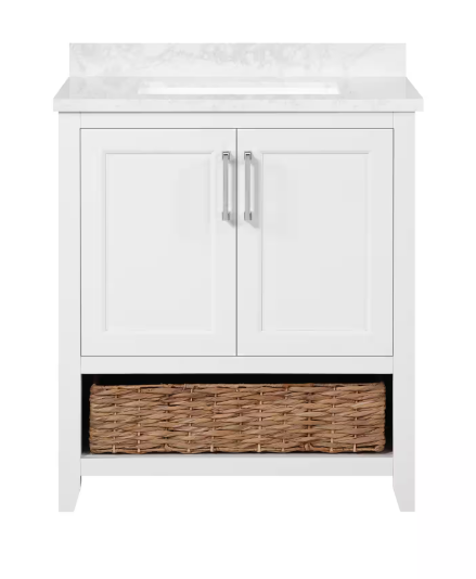 Newhall 30 in. W x 22 in. D x 34 in. H Single Sink Bath Vanity in White with White Engineered Marble Top