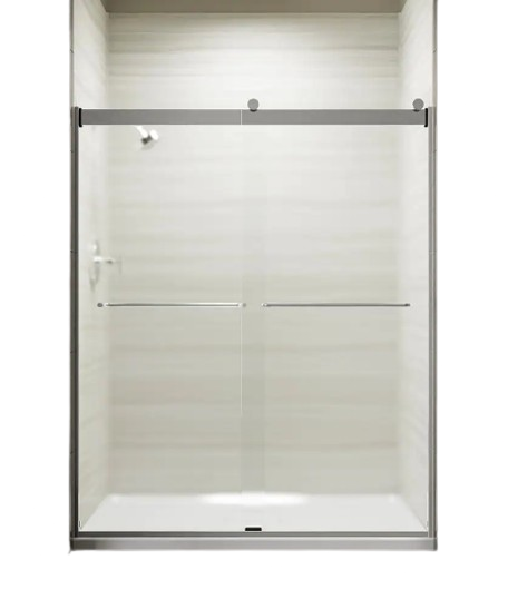 Levity 56-60 in. W x 74 in. H Frameless Sliding Shower Door in Silver with Towel Bar Frosted Glass