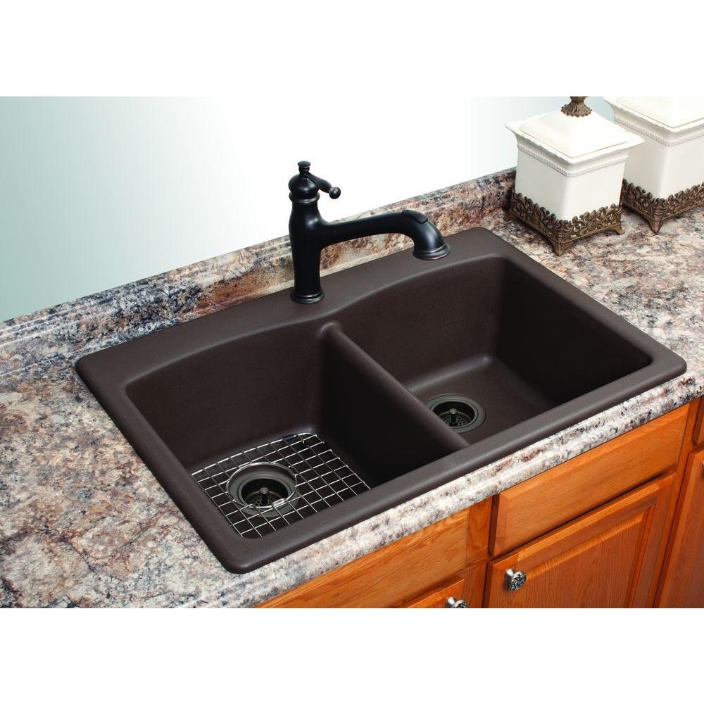 Dual Mount Composite Granite 33 in. 1-Hole Double Bowl Kitchen Sink in Mocha