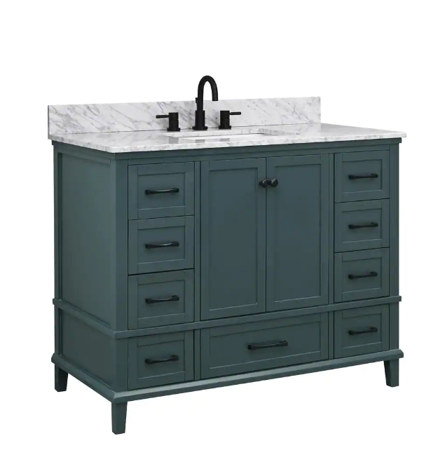 Merryfield 43 in. Single Sink Freestanding Antigua Green Bath Vanity with White Carrara Marble Top (Assembled)