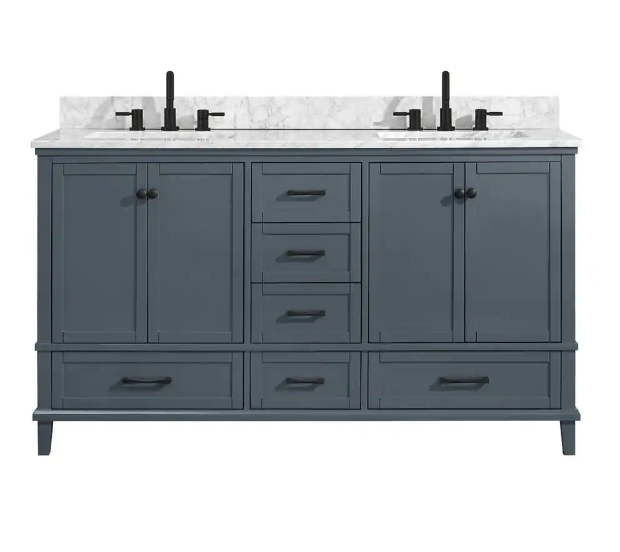 Merryfield 61 in. Double Sink Freestanding Dark Blue-Grey Bath Vanity with White Carrara Marble Top