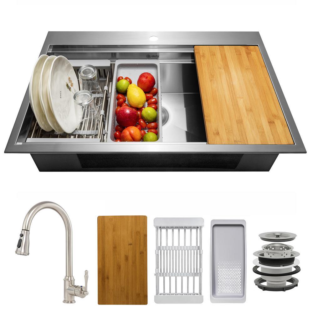 Handmade All-in-One Topmount Stainless Steel 32 in. x 22 in. Single Bowl Kitchen Sink with Pull-down Faucet and Colander