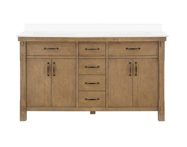 Bellington 60 in. W x 22 in. D x 34 in. H Double Sink Bath Vanity in Almond Toffee with White Engineered Stone Top