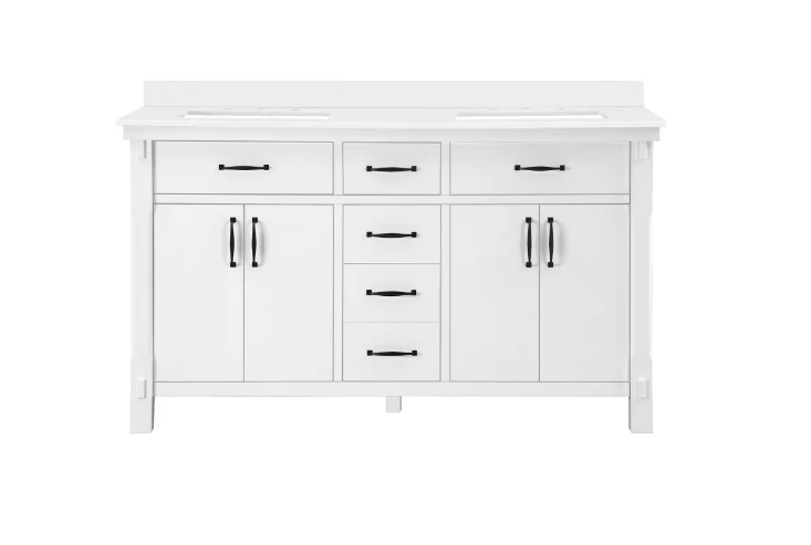 Bellington 60 in. W x 22 in. D x 34 in. H Double Sink Bath Vanity in White with White Engineered Stone Top