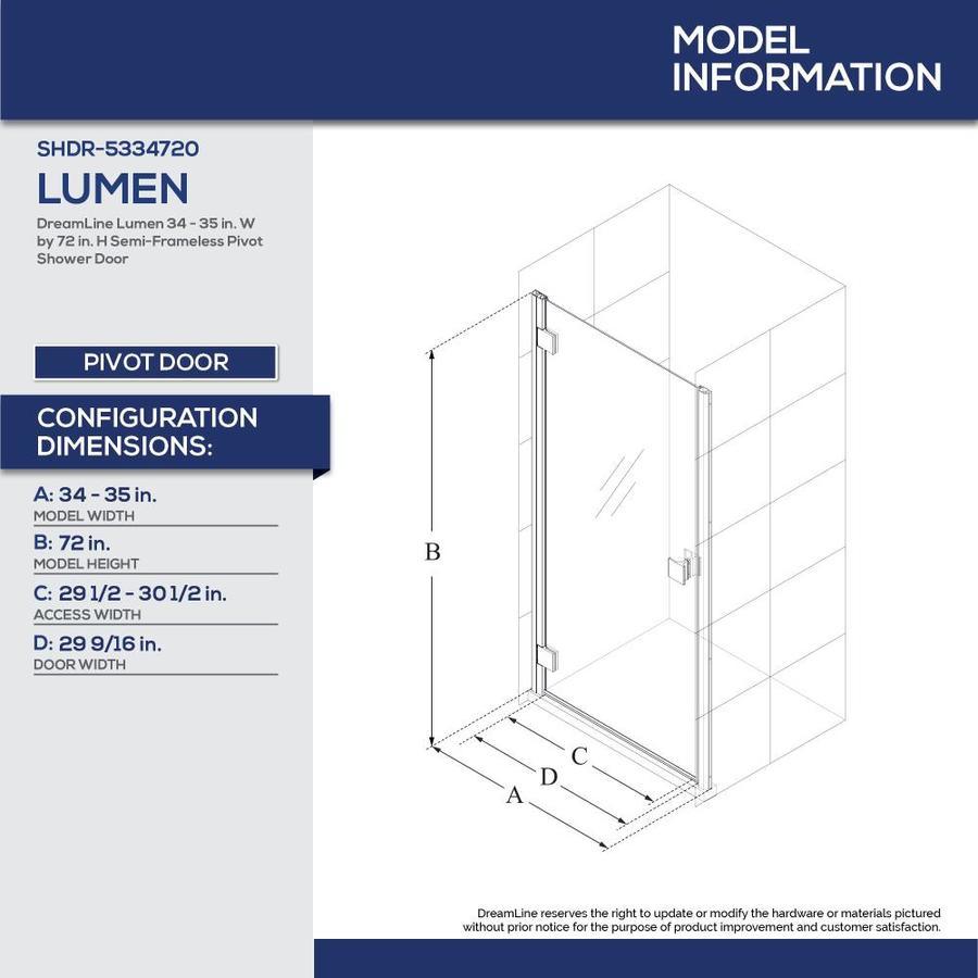 DreamLine Lumen 72-in H x 34-in to 35-in W Semi-Frameless Hinged Brushed Nickel Shower Door (Clear Glass)