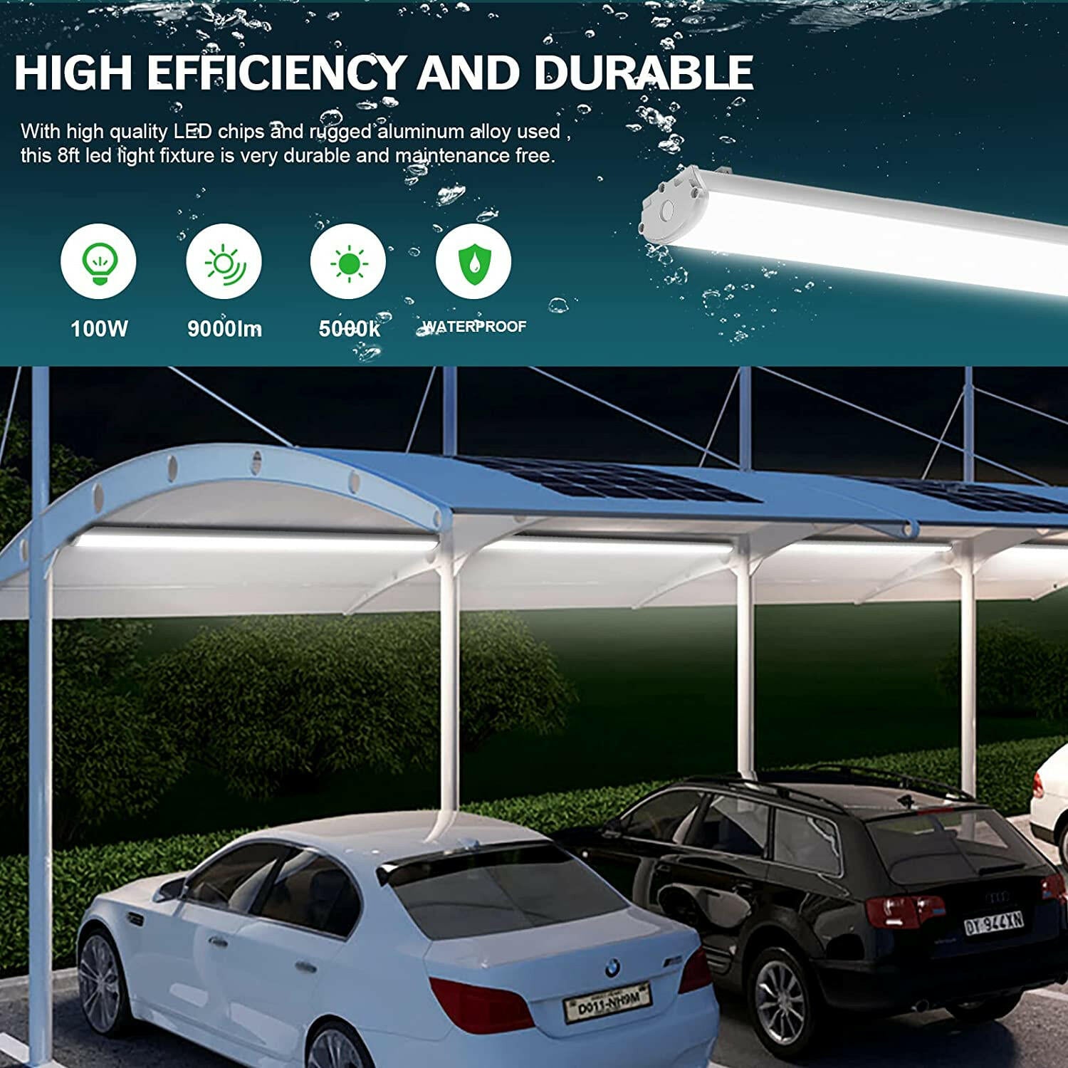 AntLux 8FT LED Vapor Tight Light, 100W 9000LM, 8 Foot LED Vapor Proof Light Fixture Outdoor Shop Lights, IP67 Waterproof LED Lights for Parking Garage Carport Car Wash, Freezer Light, Plug in, 4 Pack