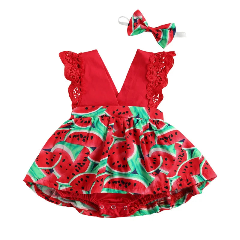 Newborn Baby Girl Clothes Lace Ruffle Sunflower Print Romper Headband 2Pcs Summer Sleeveless Outfits Sunsuit for 0-24Months