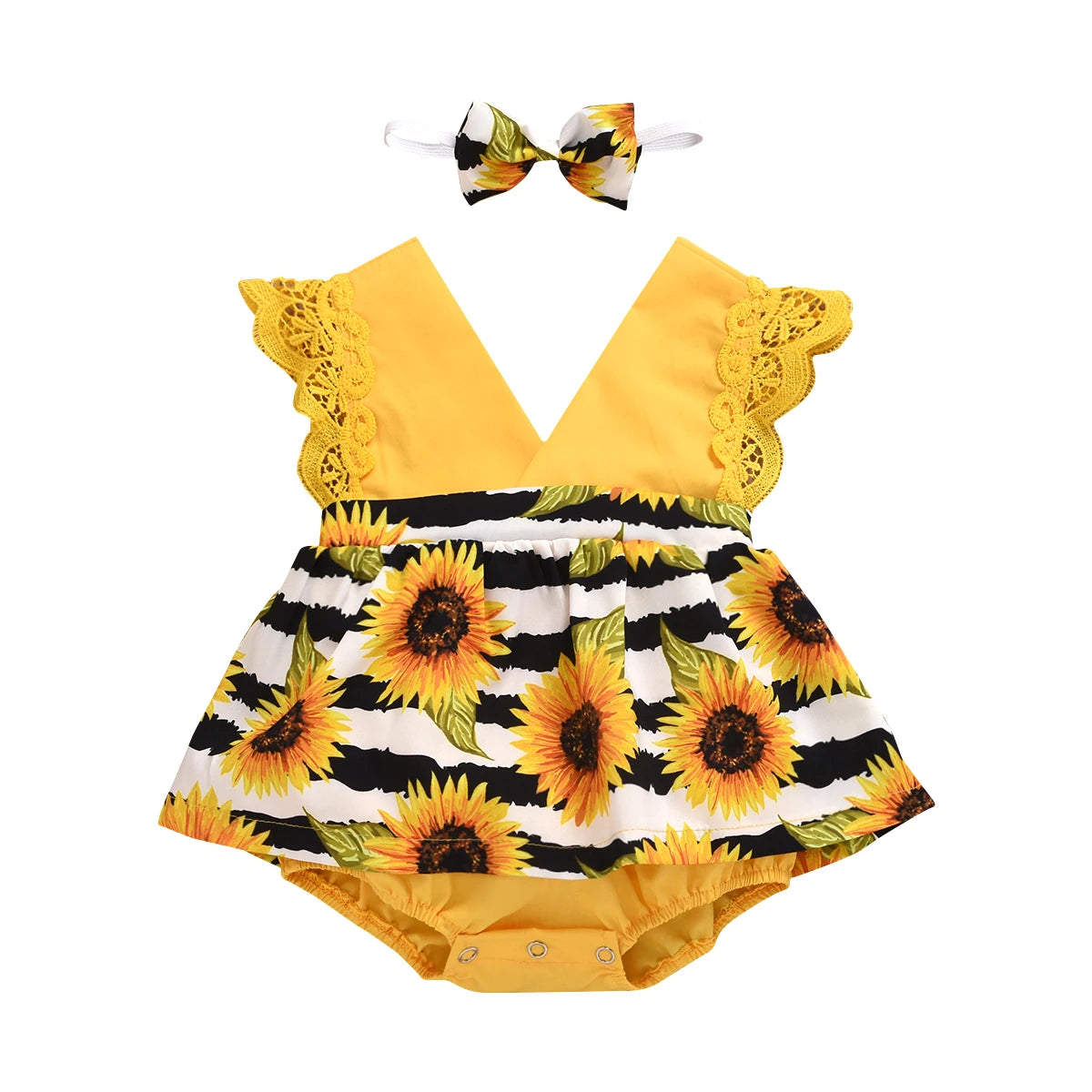 Newborn Baby Girl Clothes Lace Ruffle Sunflower Print Romper Headband 2Pcs Summer Sleeveless Outfits Sunsuit for 0-24Months