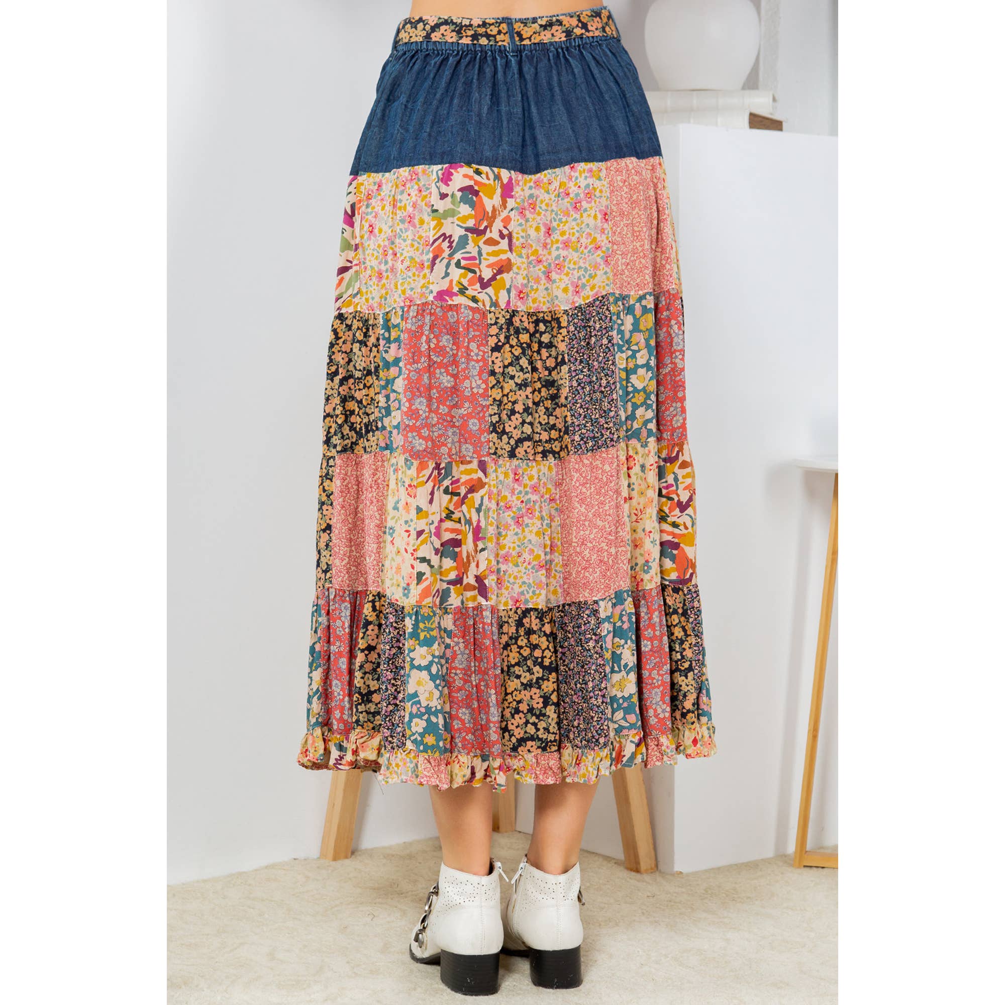 Overdyed Long Skirt With Tiered Denim: