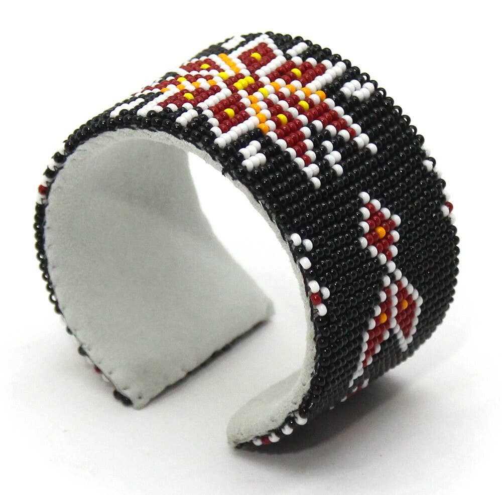 BEADS CORNER - Black Red White handmade beaded Flower Cuff Bracelet