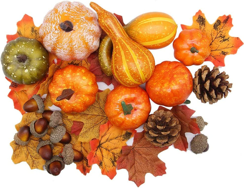 Thanksgiving Artificial Pumpkins Fall Decorations for Home, 50Pcs Decor- 30 Leaves, 10 Acorns, 2 Pinecones, 8 Fake Pumpkins, Harvest Farmhouse Table Tiered Tray Set