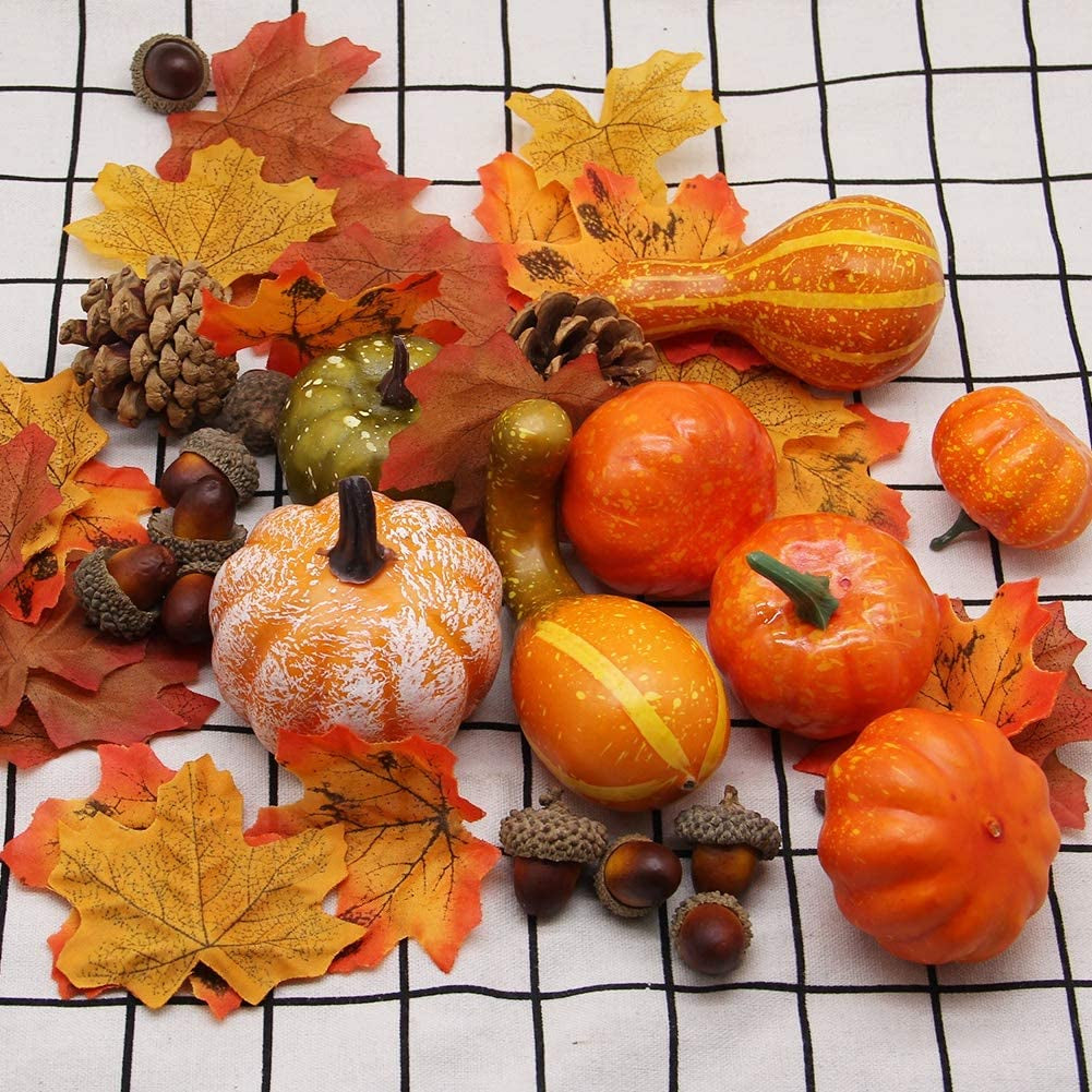 Thanksgiving Artificial Pumpkins Fall Decorations for Home, 50Pcs Decor- 30 Leaves, 10 Acorns, 2 Pinecones, 8 Fake Pumpkins, Harvest Farmhouse Table Tiered Tray Set