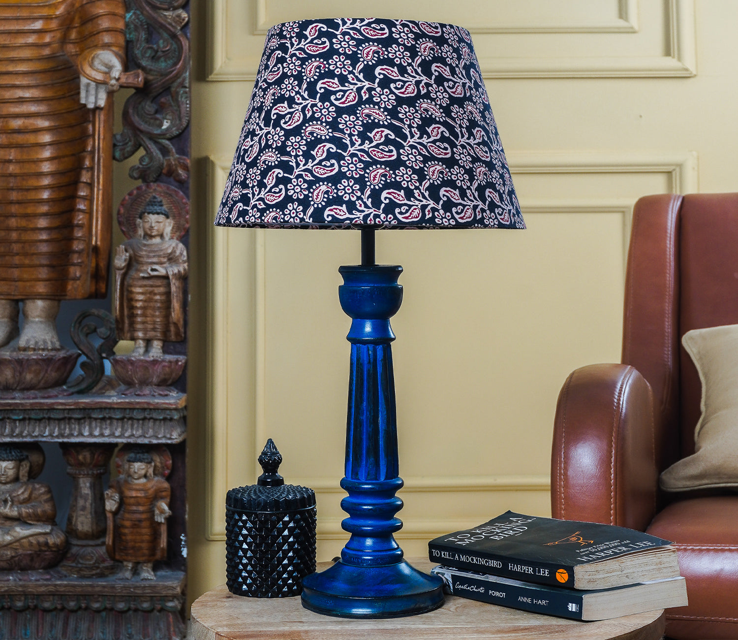 Black Table Lamp with Blue Shade and Fabric Shade (43.2 cm H)