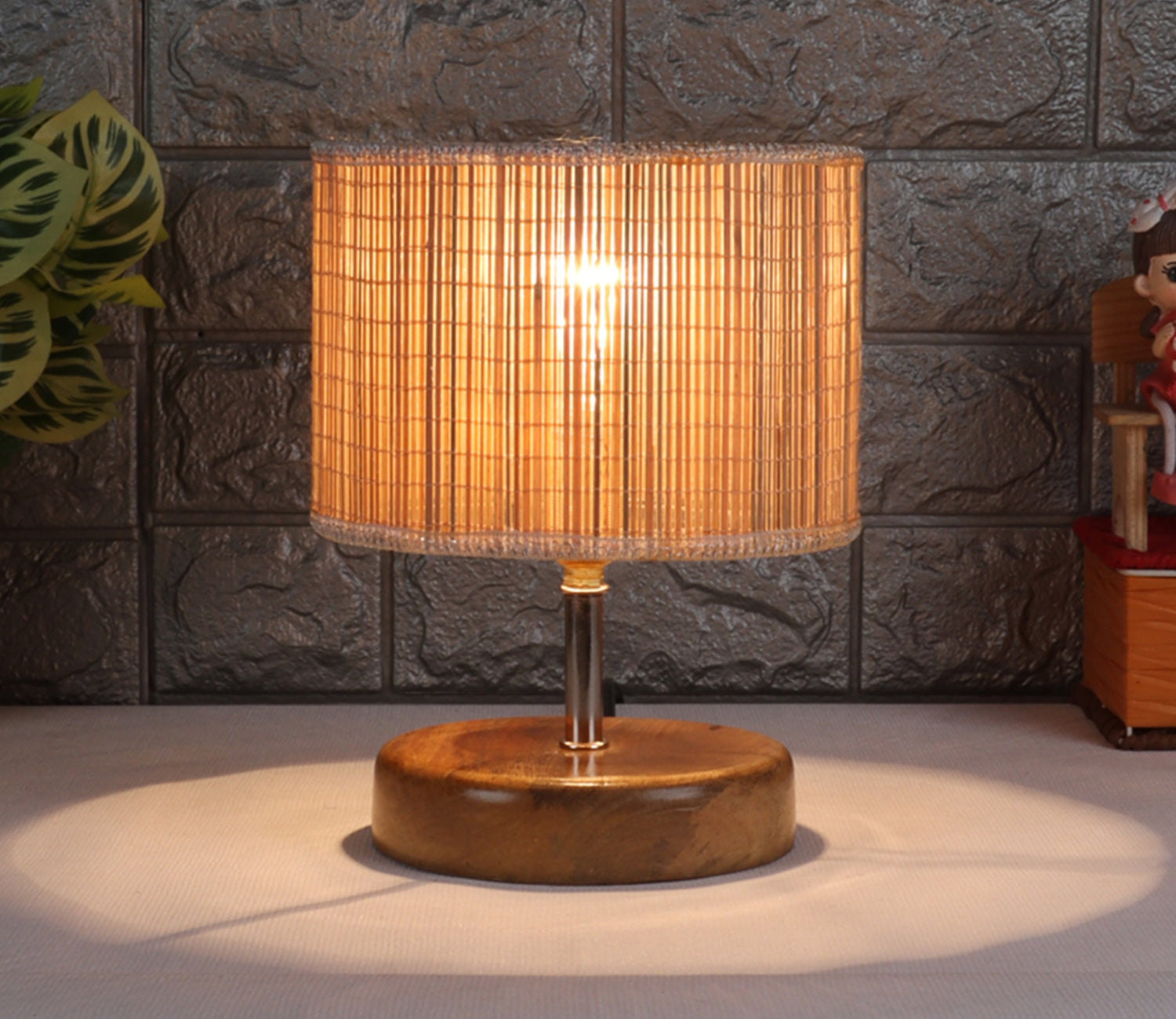 Beige Wooden Table Lamp with Bamboo Shade (Small)