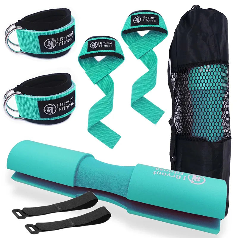 Teal Barbell Pad Set for Squats Hip Thrusts Neck  with Gym Ankle Straps and Weight Lifting Wrist Straps