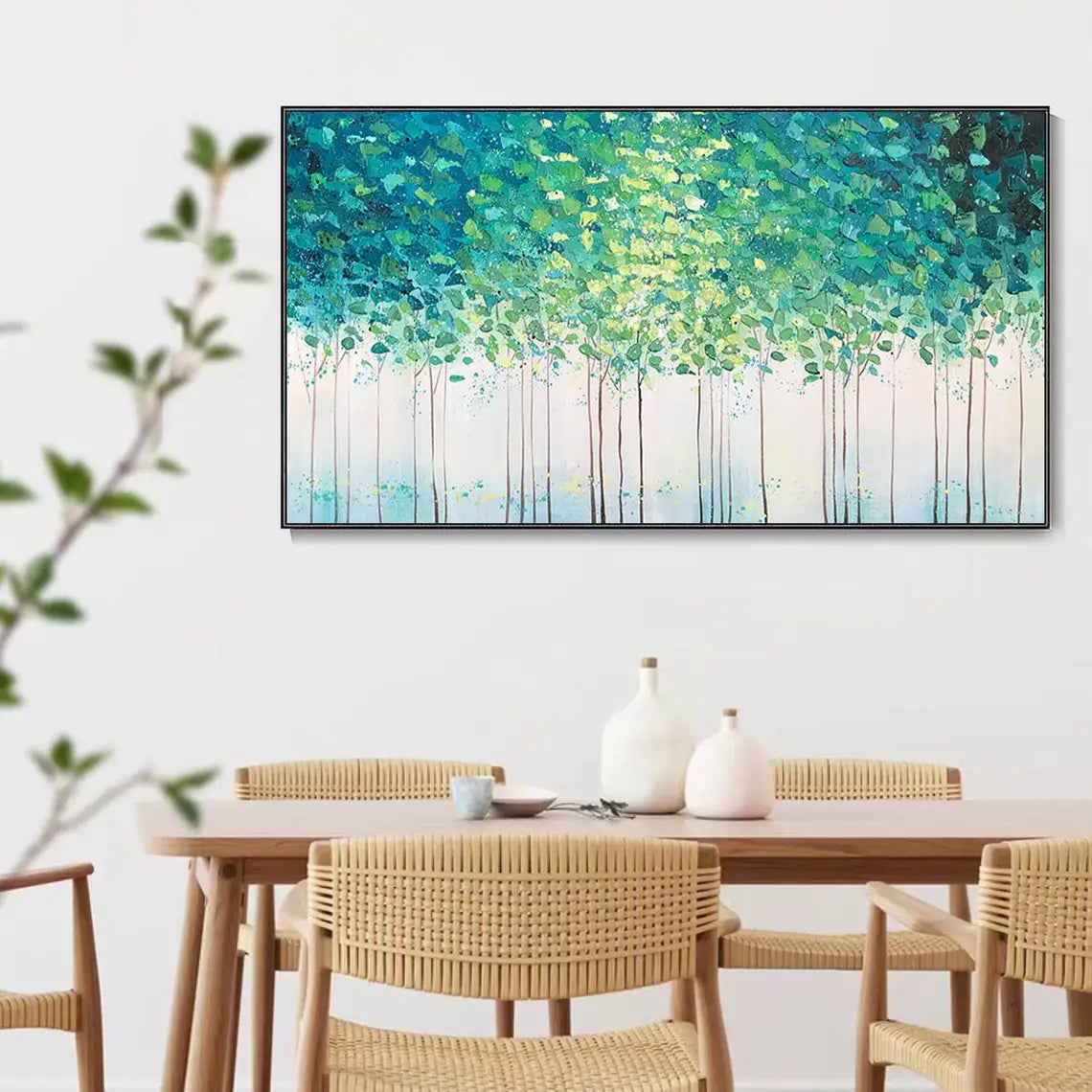 Large Forest Landscape Oil Painting Hand-Painted Green Tree Leaf Textured Mural