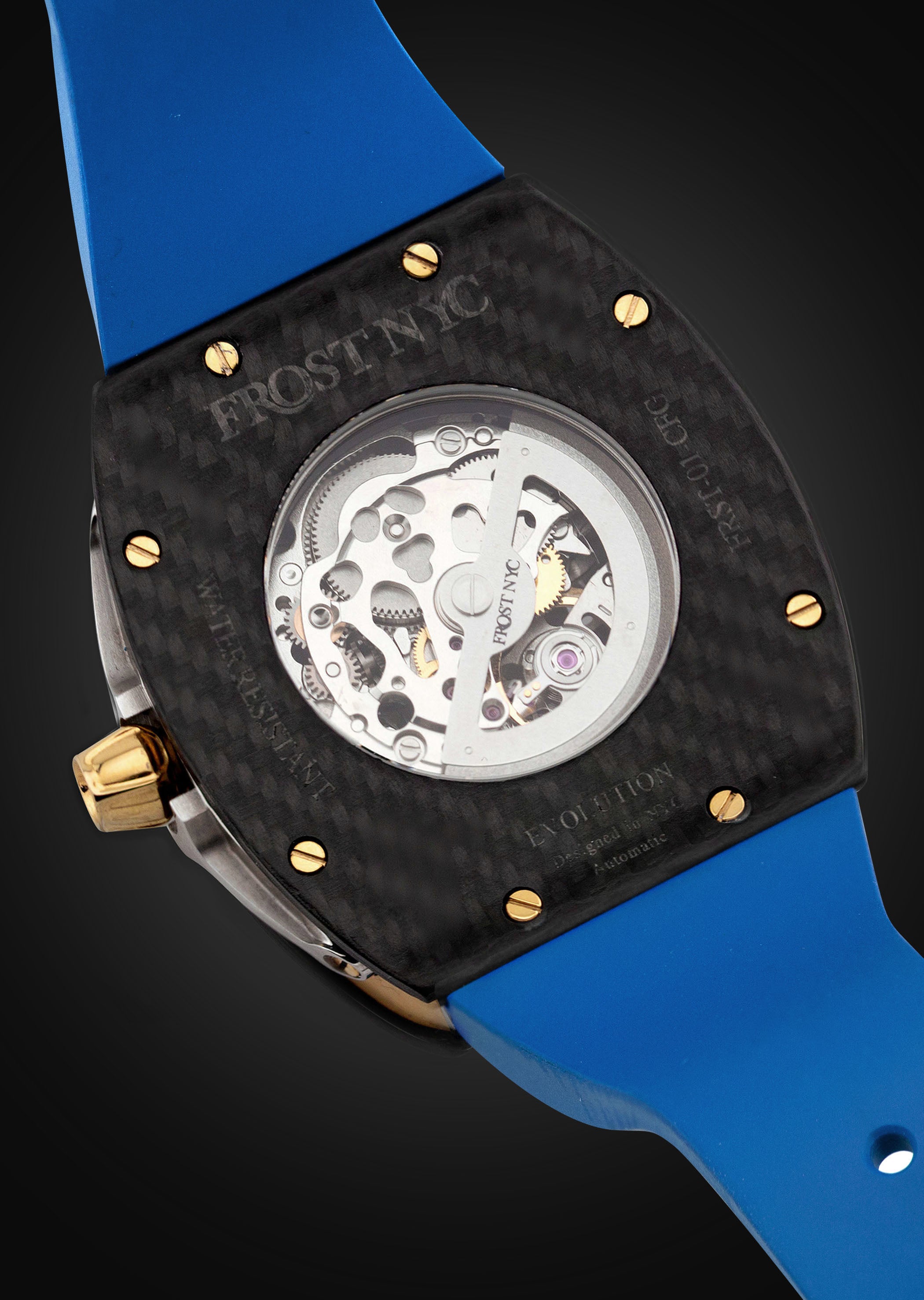 Frost NYC Mens Watch - Automatic Skeleton Carbon Fiber Sport Gold Watch | FRST-01-CFY | Blue