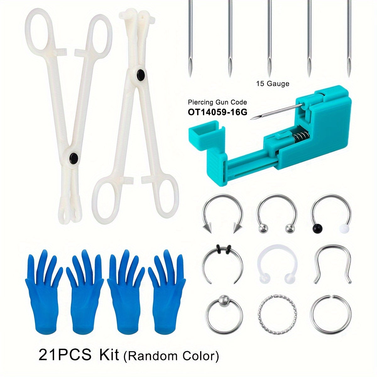 Body Piercing Jewelry Gun Tool Kit,Acrylic Piercing Pliers Clamp,Stainless Steel Piercing Needles Body Jewelry Ring Stud Hoop Barbell For Ear Lip Navel Tongue Nose Eyebrow,Blue Gloves,Kit Contains Quantities As Shown In The Picture