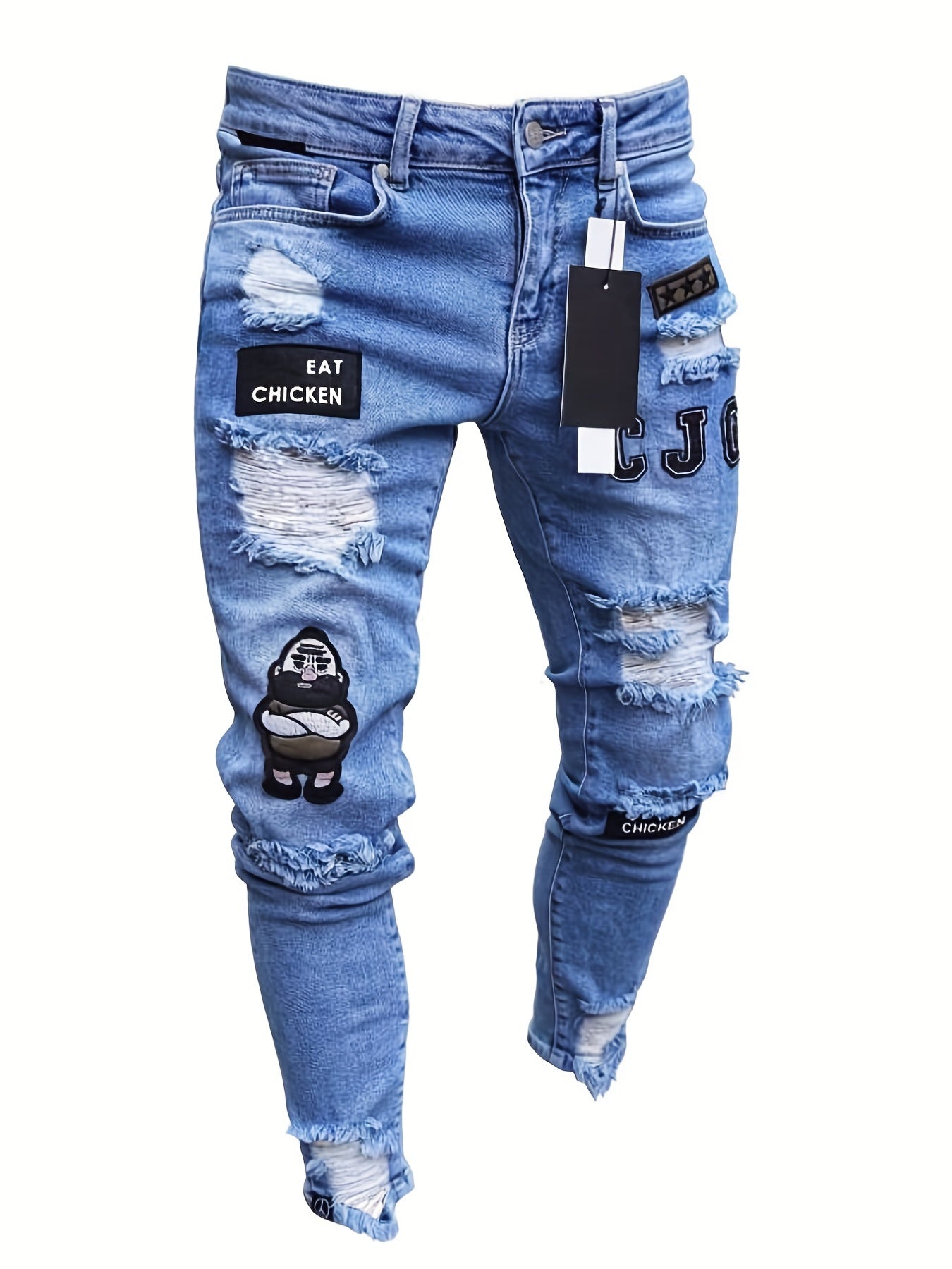 Men Fashion White Ripped Distressed Destroyed Washed Denim Jeans Ripped Slim Fit Wild Jeans White Denim Pants