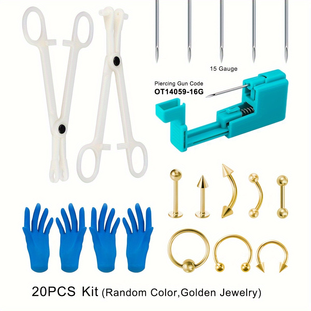 Body Piercing Jewelry Gun Tool Kit,Acrylic Piercing Pliers Clamp,Stainless Steel Piercing Needles Body Jewelry Ring Stud Hoop Barbell For Ear Lip Navel Tongue Nose Eyebrow,Blue Gloves,Kit Contains Quantities As Shown In The Picture