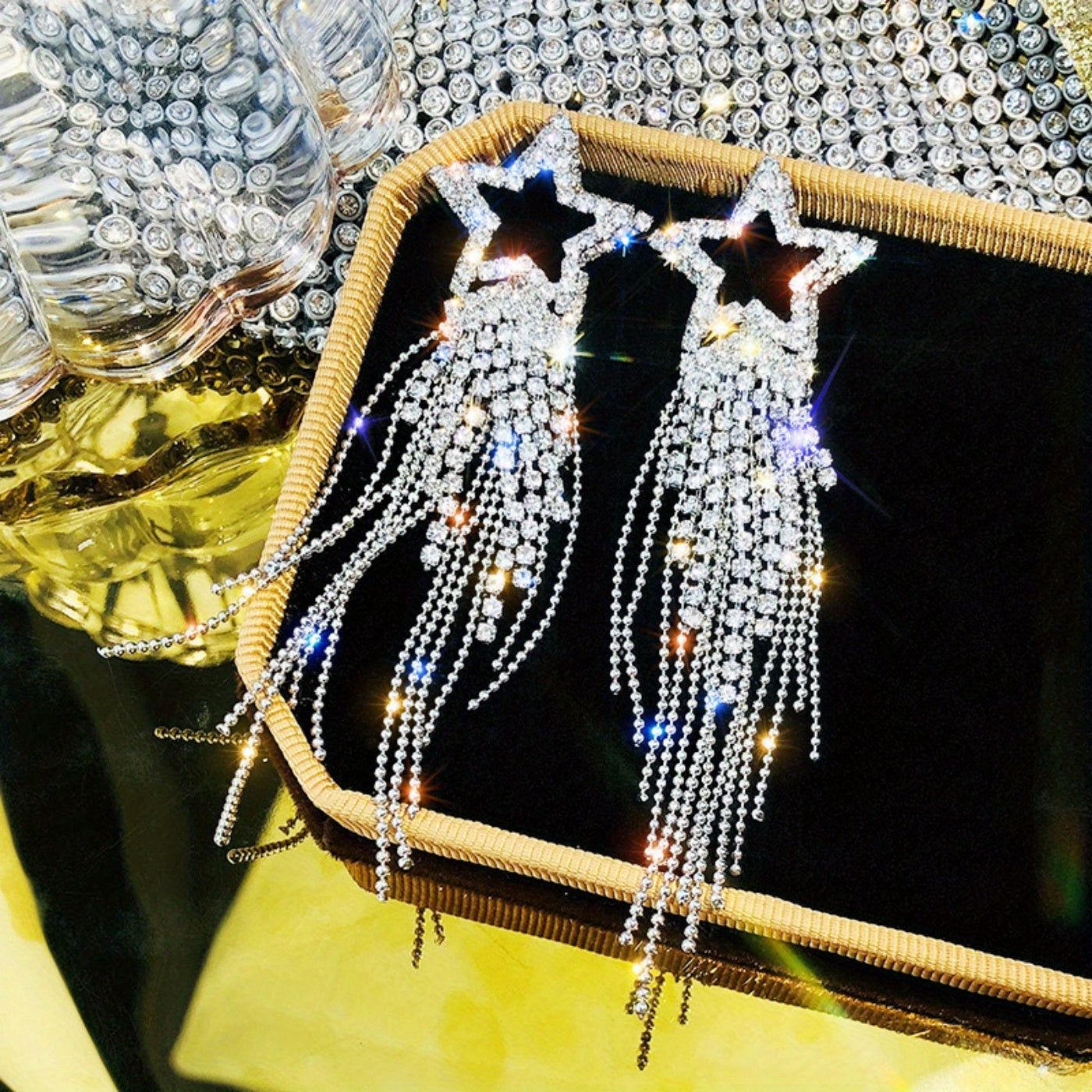 Hollow Pentagram Design Full Shiny Rhinestone Decor Tassel Dangle Earrings Retro Bohemian Style Banquet Party Ornaments