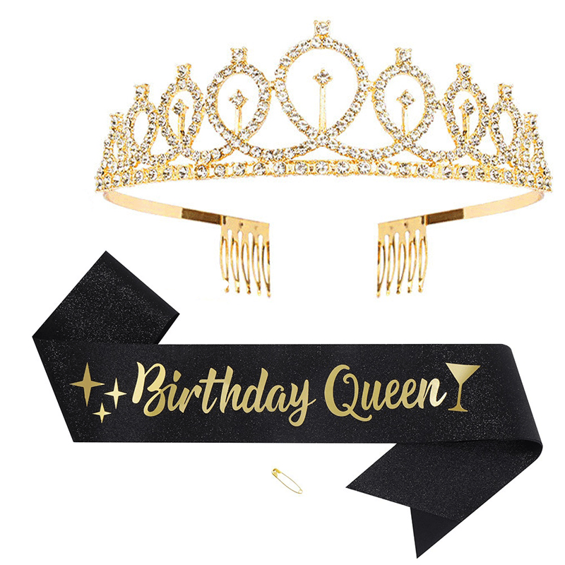 2pcs/set, Sparkling Black and Golden Birthday Party Decorations - Glitter Sash, Crystal Crown, and Tiara Set for Girls and Queens - Perfect for Happy Birthday and Anniversary Celebrations