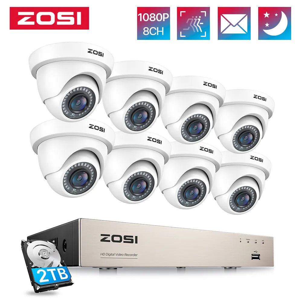 ZOSI 8CH 1080P Security Camera System H.265+ 8CH 5MP Lite HD CCTV DVR Recorder 8pcs 2MP Indoor/Outdoor Dome Surveillance Cameras