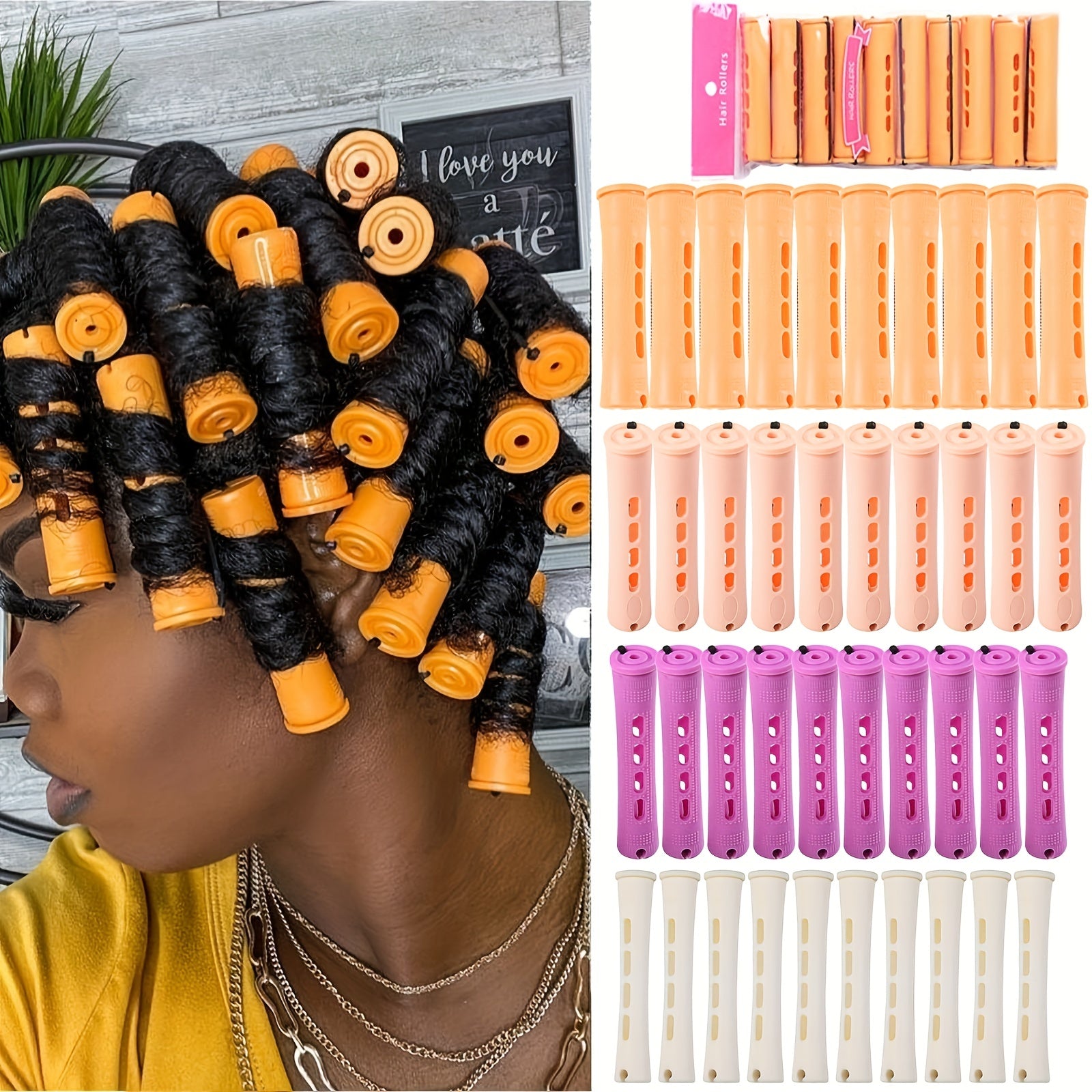 40pcs DIY Perm Rods Set, 4 Sizes Cold Wave Rods Hair Rollers No Heat Hair Curling Rods For Long Medium Small Hair Curler Styling DIY Hairdressing Tools For Women Girls