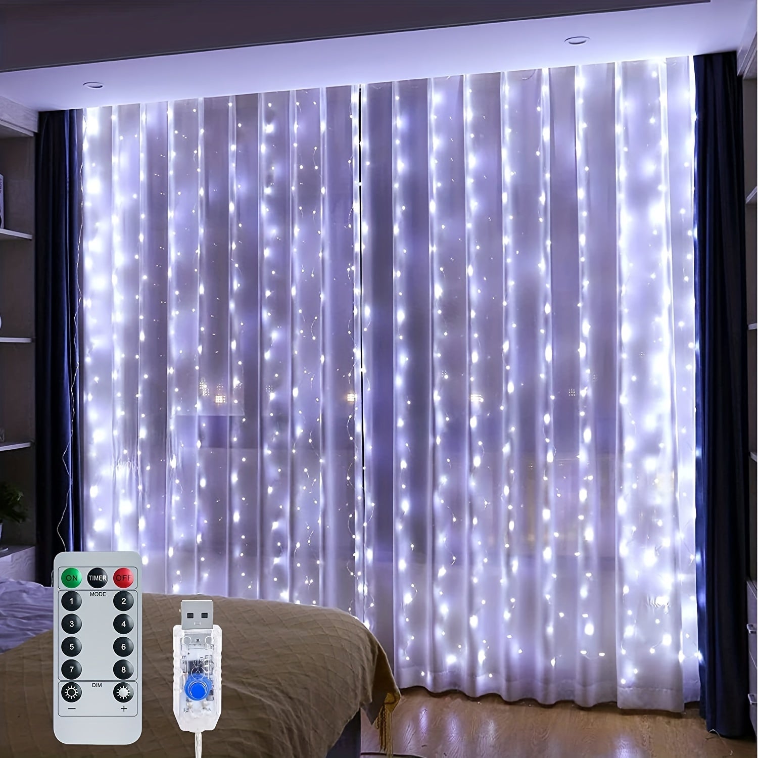 1pc, String Lights Curtain, USB Powered Fairy Lights For Party Bedroom Wall, 8 Lighting Modes Waterproof Ideal For Wedding Valentines Day Decor