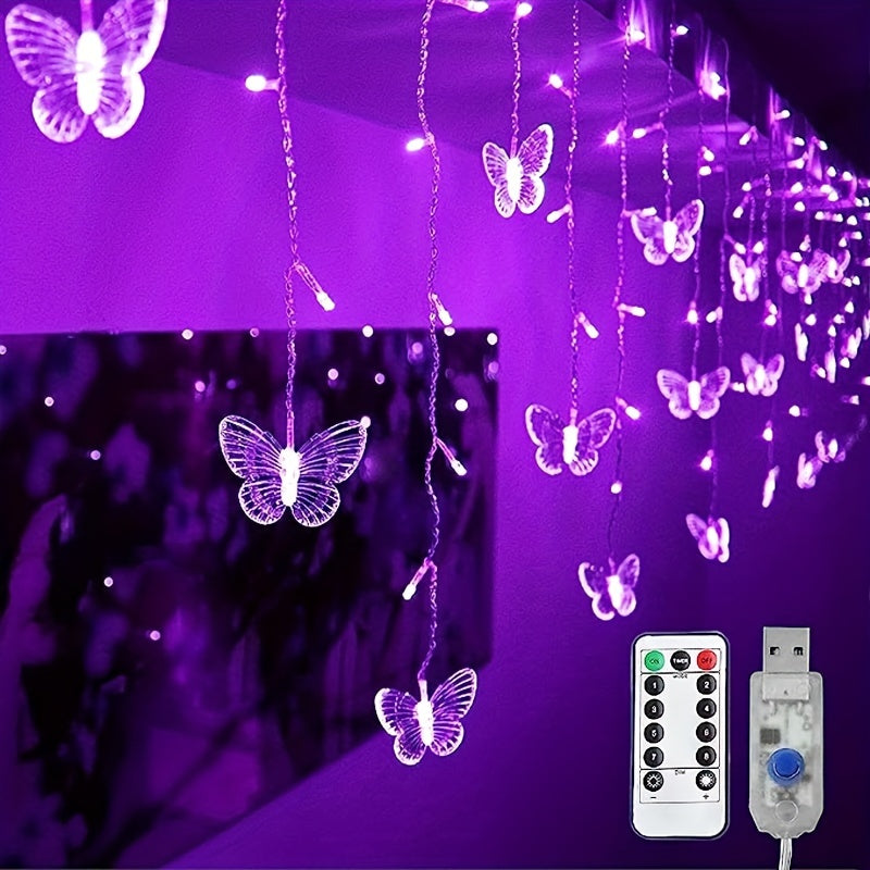 1pc LED Christmas Light, 21.3ft/6.5m Butterfly Curtain Light, 8 Modes Twinkle String Lights, Remote+ USB Powered Window Fairy Lights, Holiday Wedding Party Bedroom Patio Decorative Light