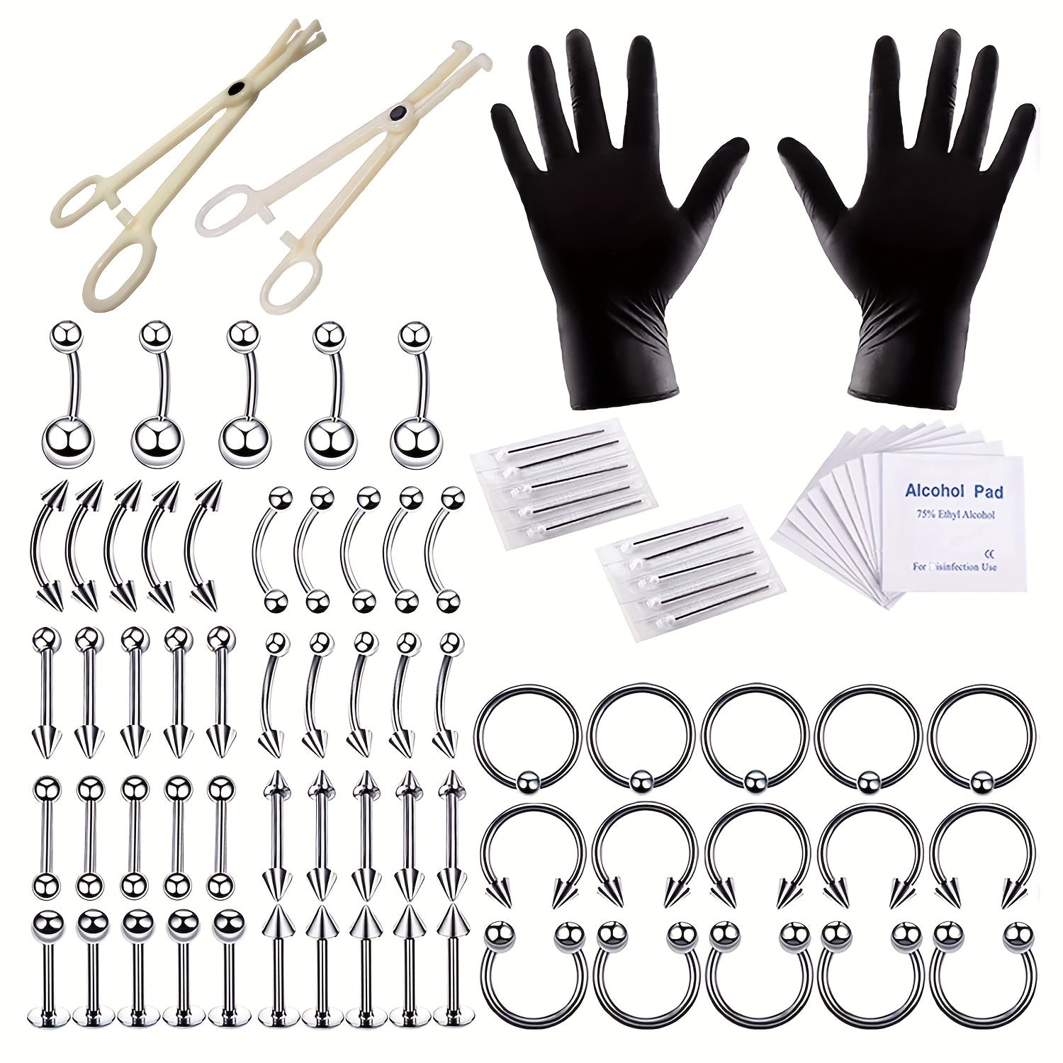 85pcs Piercing Tool Kit With Nose Ring Eyebrow Nail Ear Bone Nail Body Piercing Tool Jewelry
